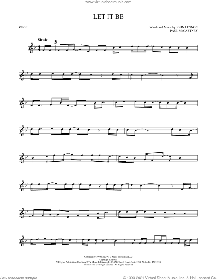 Let It Be sheet music for oboe solo by The Beatles, John Lennon and Paul McCartney, intermediate skill level
