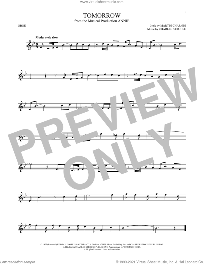 Tomorrow sheet music for oboe solo by Charles Strouse and Martin Charnin, intermediate skill level