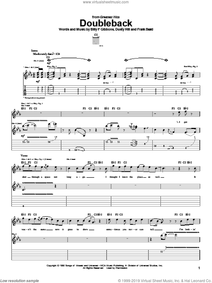 Doubleback sheet music for guitar (tablature) by ZZ Top, Billy Gibbons, Dusty Hill and Frank Beard, intermediate skill level