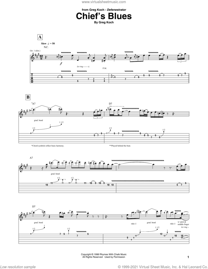 Chief's Blues sheet music for guitar (tablature) by Greg Koch, intermediate skill level