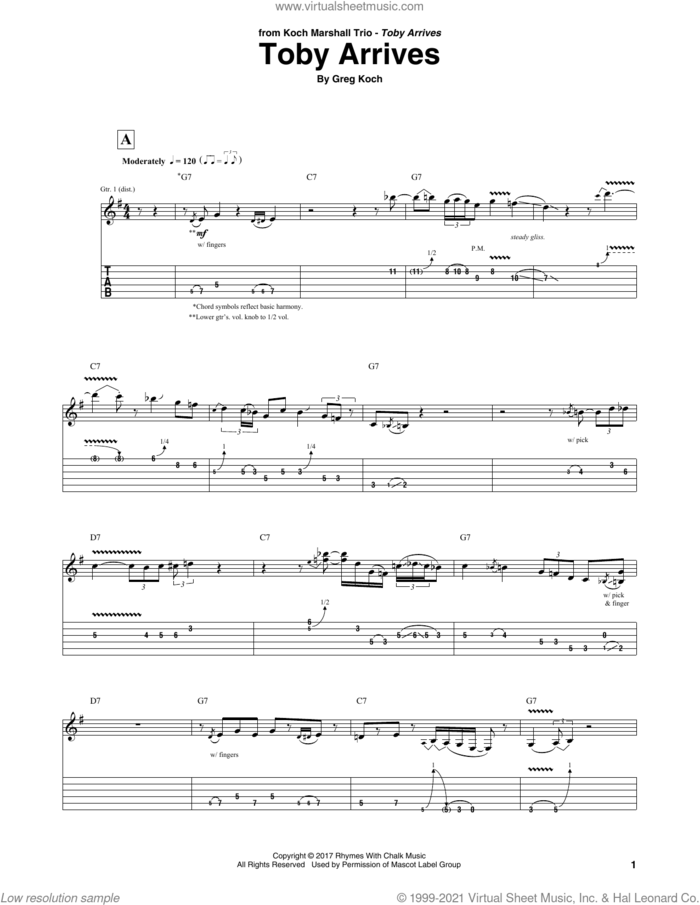 Toby Arrives sheet music for guitar (tablature) by Greg Koch, intermediate skill level