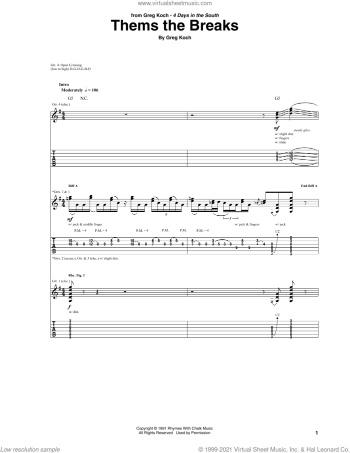 Thems The Breaks sheet music for guitar (tablature) by Greg Koch, intermediate skill level