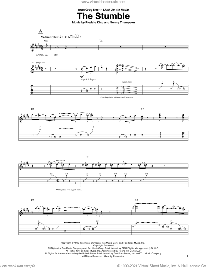 The Stumble sheet music for guitar (tablature) by Greg Koch, Freddie King and Sonny Thompson, intermediate skill level