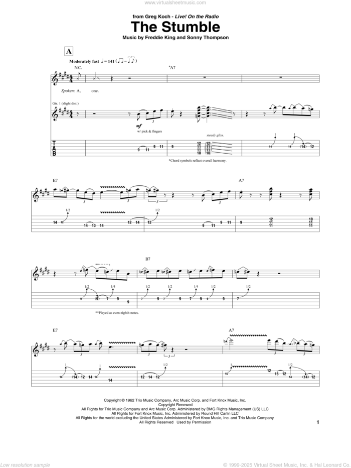 The Stumble sheet music for guitar (tablature) by Greg Koch, Freddie King and Sonny Thompson, intermediate skill level