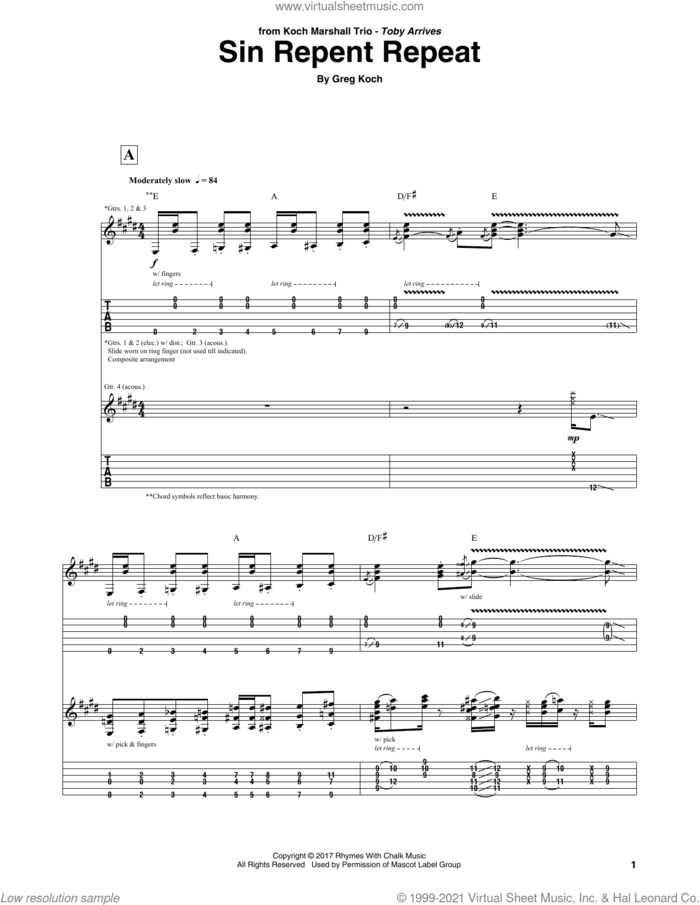 Sin Repent Repeat sheet music for guitar (tablature) by Greg Koch, intermediate skill level