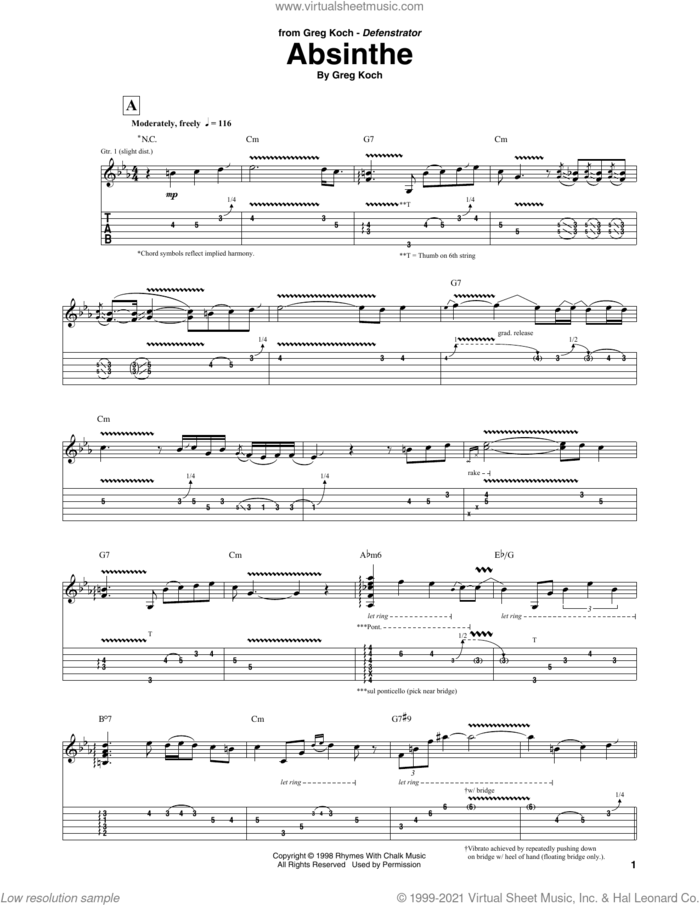 Absinthe sheet music for guitar (tablature) by Greg Koch, intermediate skill level