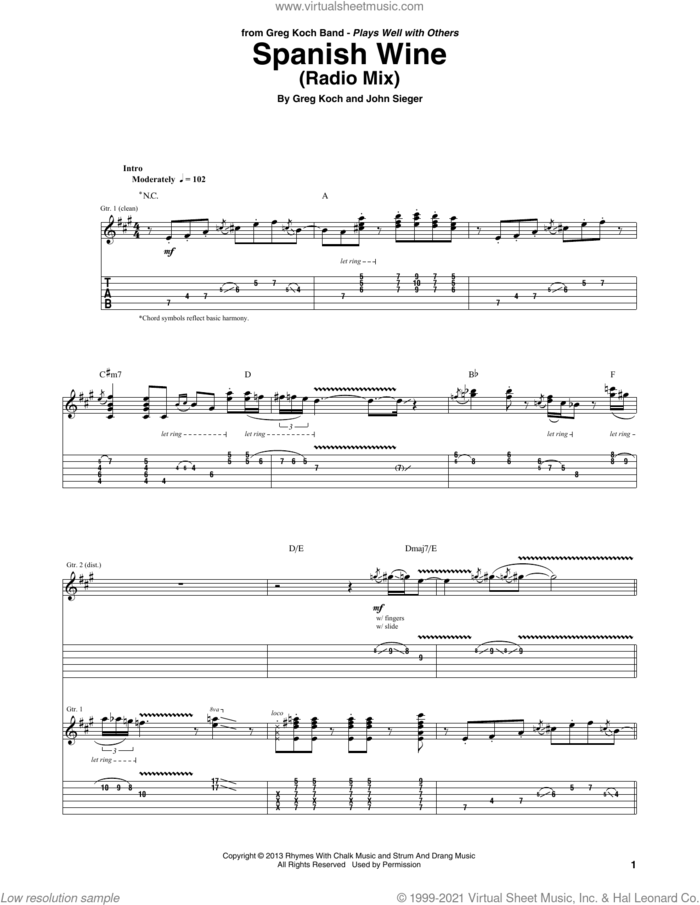 Spanish Wine sheet music for guitar (tablature) by Greg Koch and John Sieger, intermediate skill level