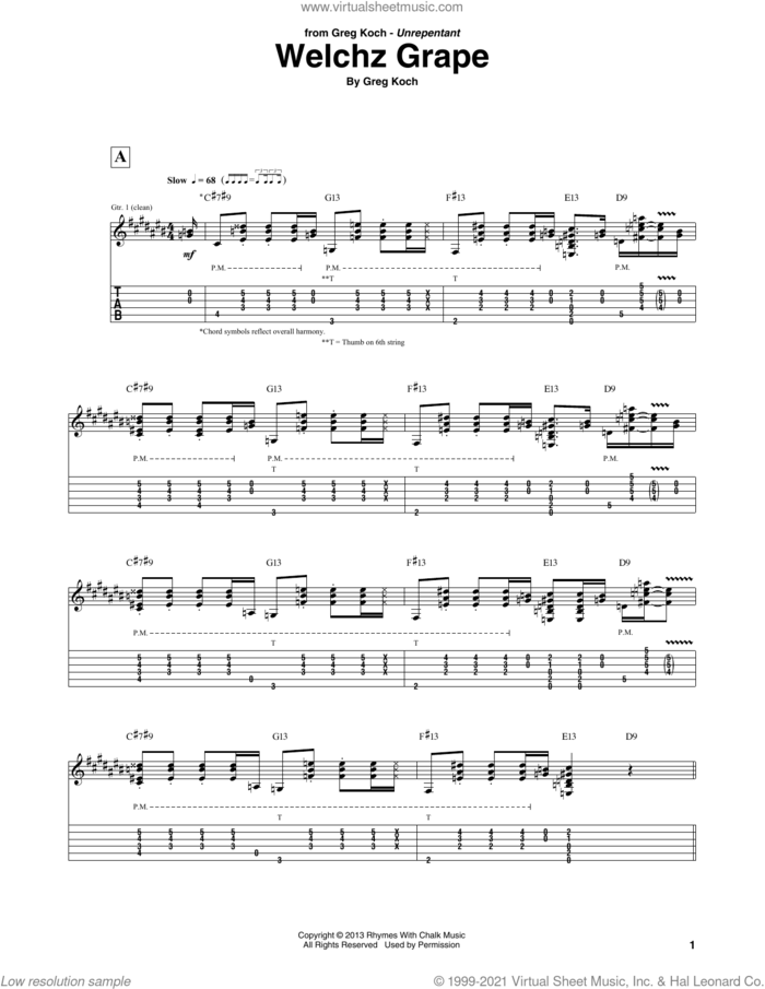 Welchz Grape sheet music for guitar (tablature) by Greg Koch, intermediate skill level