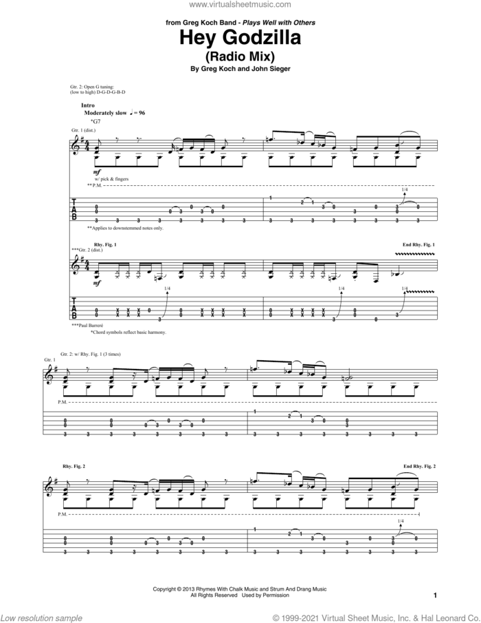 Hey Godzilla sheet music for guitar (tablature) by Greg Koch and John Sieger, intermediate skill level