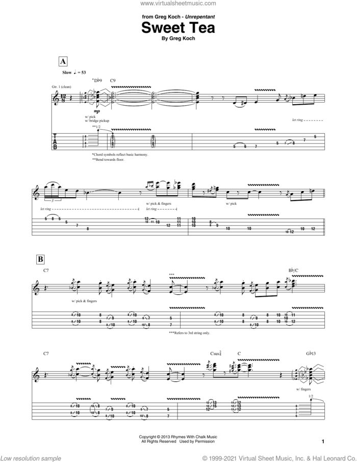 Sweet Tea sheet music for guitar (tablature) by Greg Koch, intermediate skill level