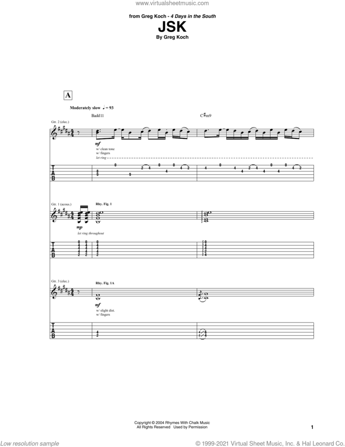 JSK sheet music for guitar (tablature) by Greg Koch, intermediate skill level