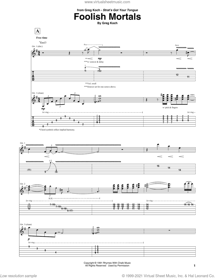Foolish Mortals sheet music for guitar (tablature) by Greg Koch, intermediate skill level
