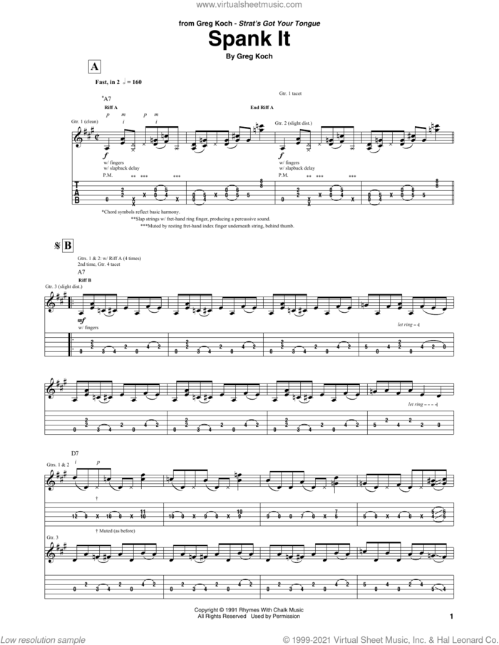Spank It sheet music for guitar (tablature) by Greg Koch, intermediate skill level