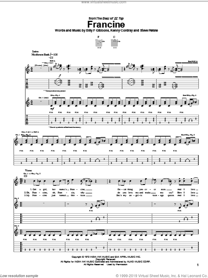 Francine sheet music for guitar (tablature) by ZZ Top, Billy Gibbons, Kenny Cordray and Steve Perrone, intermediate skill level
