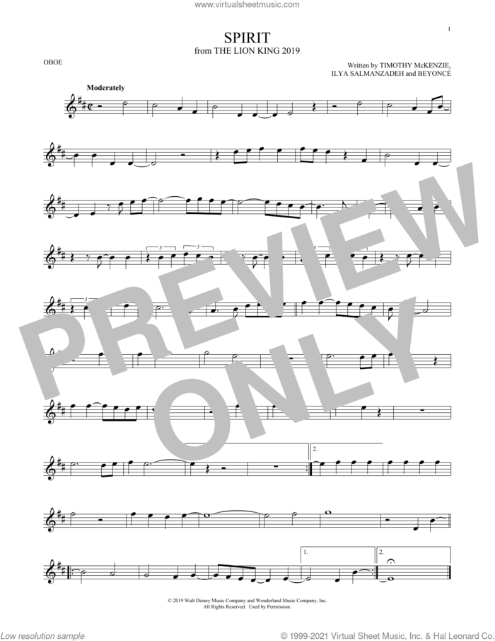Spirit (from The Lion King 2019) sheet music for oboe solo by Beyonce, Ilya Salmanzadeh and Timothy McKenzie, intermediate skill level