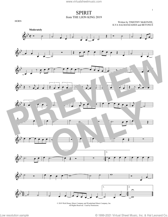Spirit (from The Lion King 2019) sheet music for horn solo by Beyonce, Ilya Salmanzadeh and Timothy McKenzie, intermediate skill level