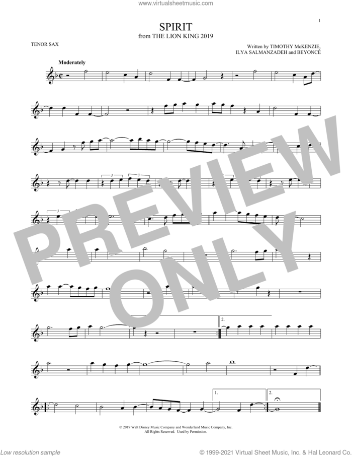 Spirit (from The Lion King 2019) sheet music for tenor saxophone solo by Beyonce, Ilya Salmanzadeh and Timothy McKenzie, intermediate skill level