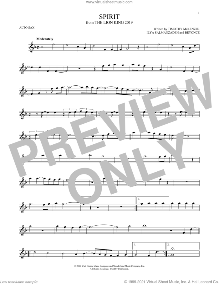 Spirit (from The Lion King 2019) sheet music for alto saxophone solo by Beyonce, Ilya Salmanzadeh and Timothy McKenzie, intermediate skill level