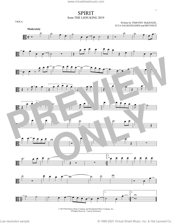 Spirit (from The Lion King 2019) sheet music for viola solo by Beyonce, Ilya Salmanzadeh and Timothy McKenzie, intermediate skill level