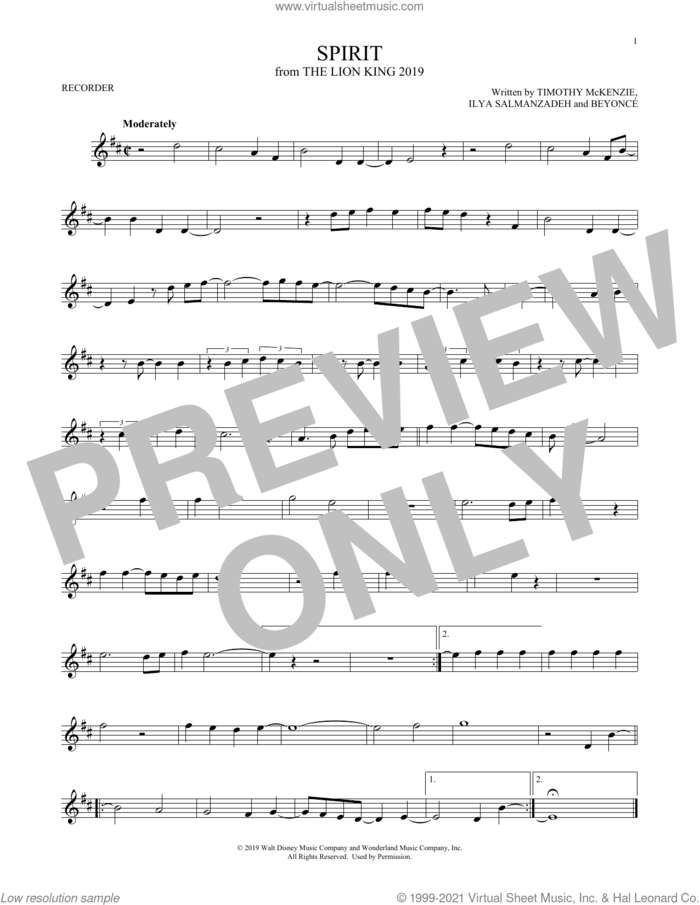 Spirit (from The Lion King 2019) sheet music for recorder solo by Beyonce, Ilya Salmanzadeh and Timothy McKenzie, intermediate skill level