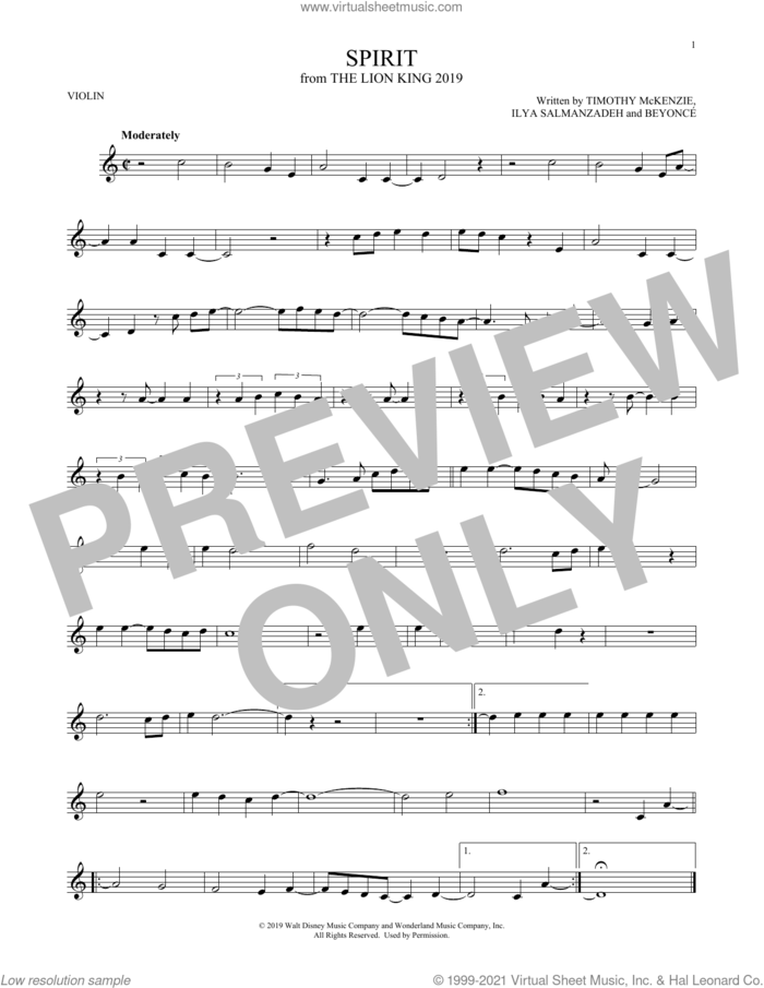Spirit (from The Lion King 2019) sheet music for violin solo by Beyonce, Ilya Salmanzadeh and Timothy McKenzie, intermediate skill level