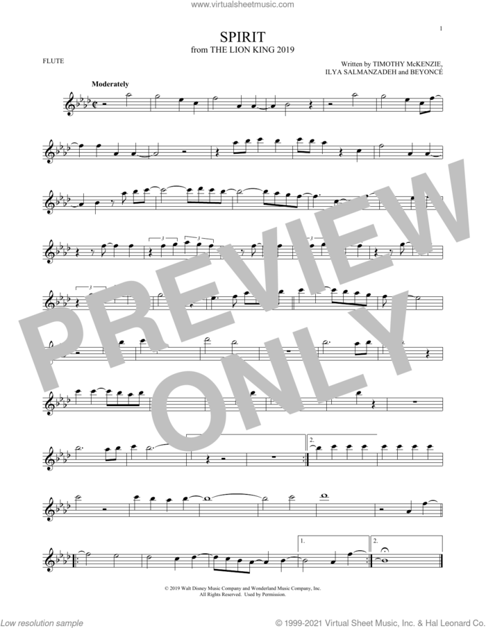 Spirit (from The Lion King 2019) sheet music for flute solo by Beyonce, Ilya Salmanzadeh and Timothy McKenzie, intermediate skill level