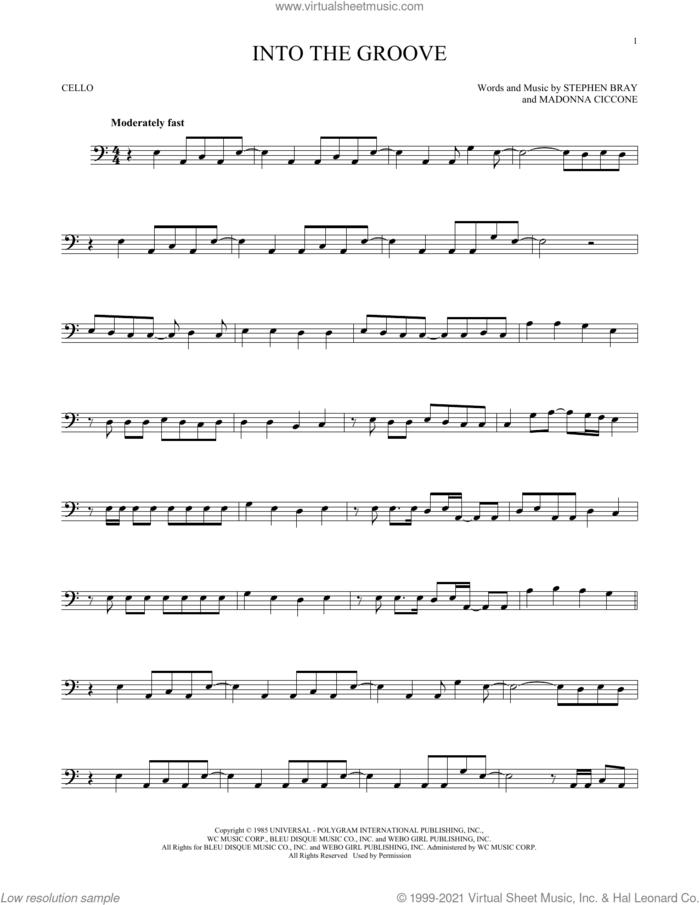 Into The Groove sheet music for cello solo by Madonna and Stephen Bray, intermediate skill level