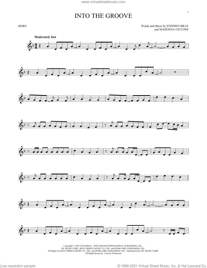 Into The Groove sheet music for horn solo by Madonna and Stephen Bray, intermediate skill level