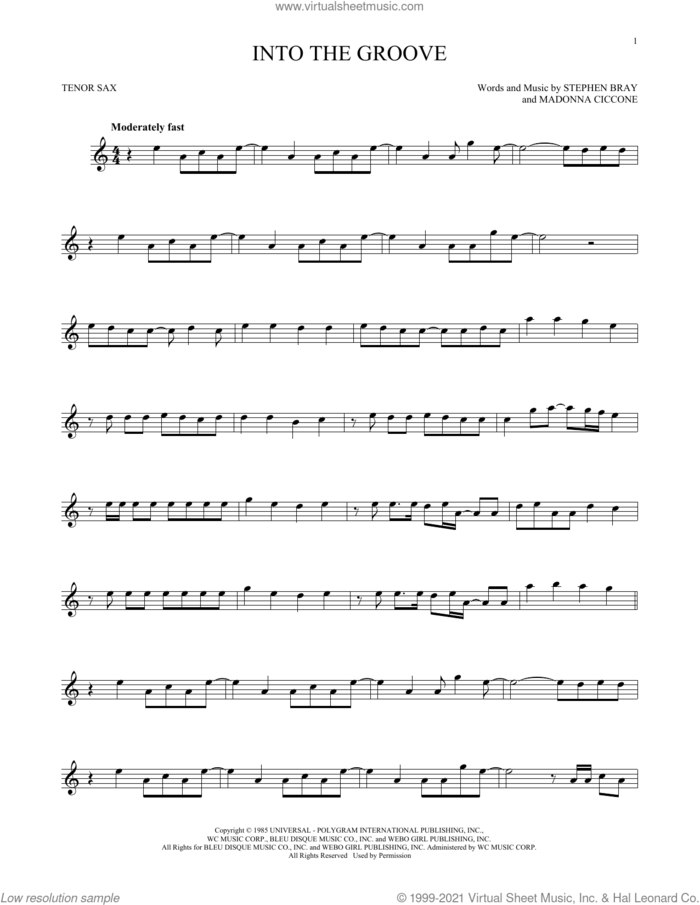 Into The Groove sheet music for tenor saxophone solo by Madonna and Stephen Bray, intermediate skill level
