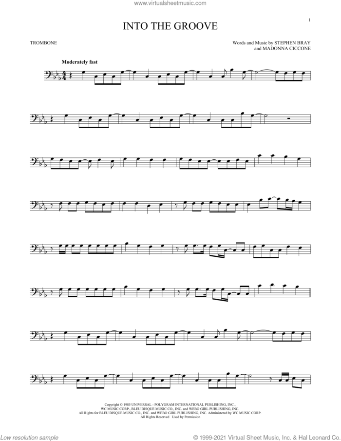 Into The Groove sheet music for trombone solo by Madonna and Stephen Bray, intermediate skill level