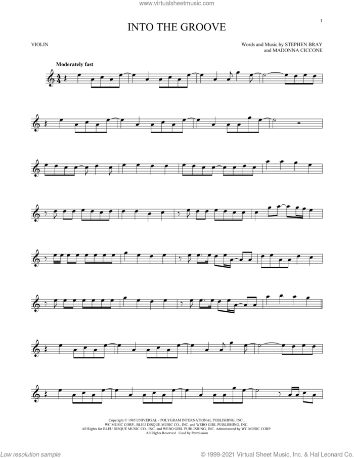 Into The Groove sheet music for violin solo by Madonna and Stephen Bray, intermediate skill level