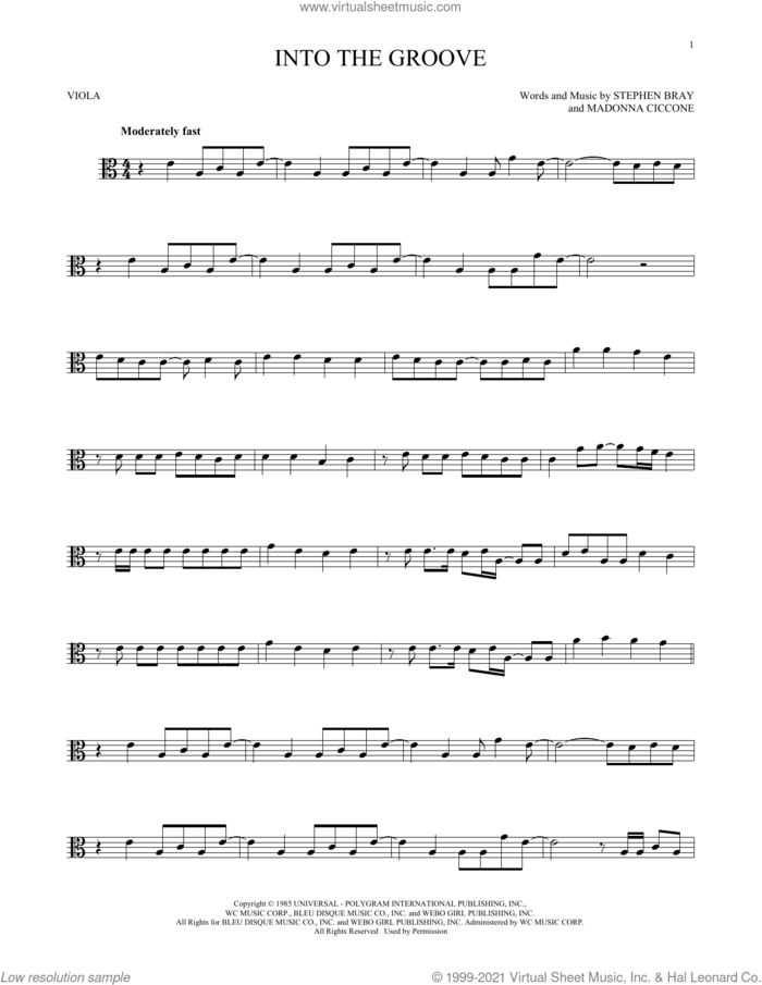 Into The Groove sheet music for viola solo by Madonna and Stephen Bray, intermediate skill level