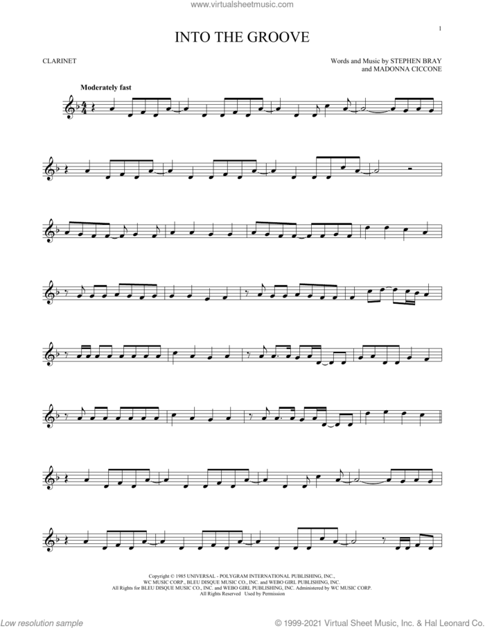 Into The Groove sheet music for clarinet solo by Madonna and Stephen Bray, intermediate skill level