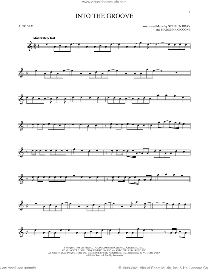 Into The Groove sheet music for alto saxophone solo by Madonna and Stephen Bray, intermediate skill level