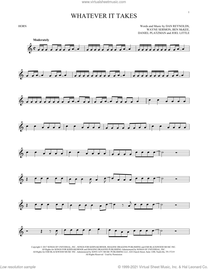 Whatever It Takes sheet music for horn solo by Imagine Dragons, Ben McKee, Dan Reynolds, Daniel Platzman, Joel Little and Wayne Sermon, intermediate skill level