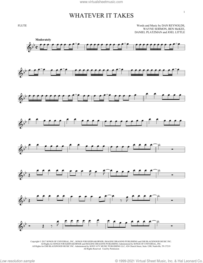 Whatever It Takes sheet music for flute solo by Imagine Dragons, Ben McKee, Dan Reynolds, Daniel Platzman, Joel Little and Wayne Sermon, intermediate skill level