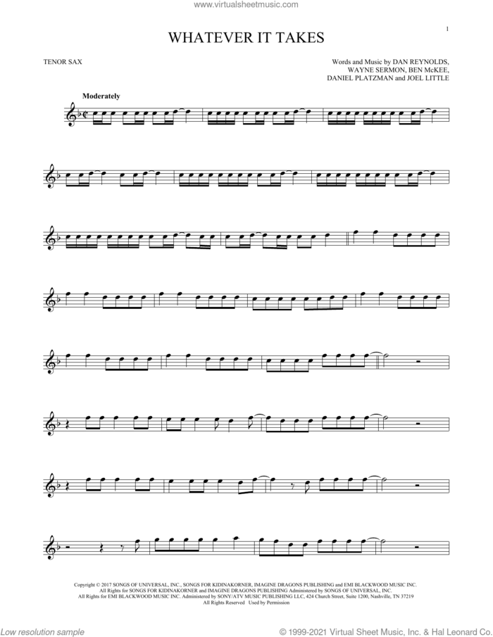 Whatever It Takes sheet music for tenor saxophone solo by Imagine Dragons, Ben McKee, Dan Reynolds, Daniel Platzman, Joel Little and Wayne Sermon, intermediate skill level