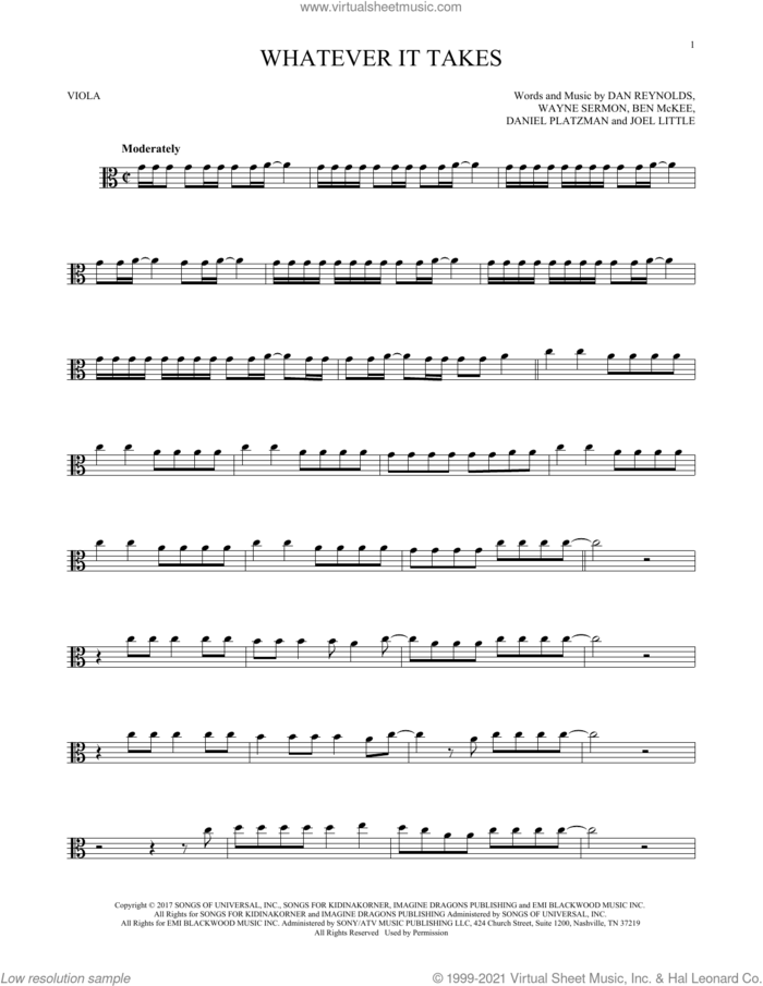 Whatever It Takes sheet music for viola solo by Imagine Dragons, Ben McKee, Dan Reynolds, Daniel Platzman, Joel Little and Wayne Sermon, intermediate skill level