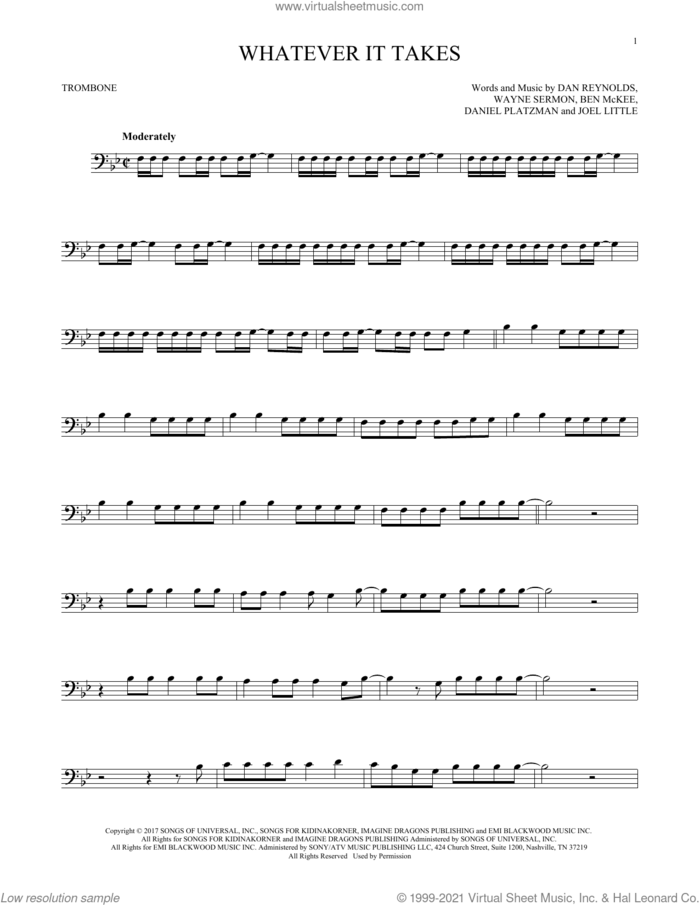 Whatever It Takes sheet music for trombone solo by Imagine Dragons, Ben McKee, Dan Reynolds, Daniel Platzman, Joel Little and Wayne Sermon, intermediate skill level