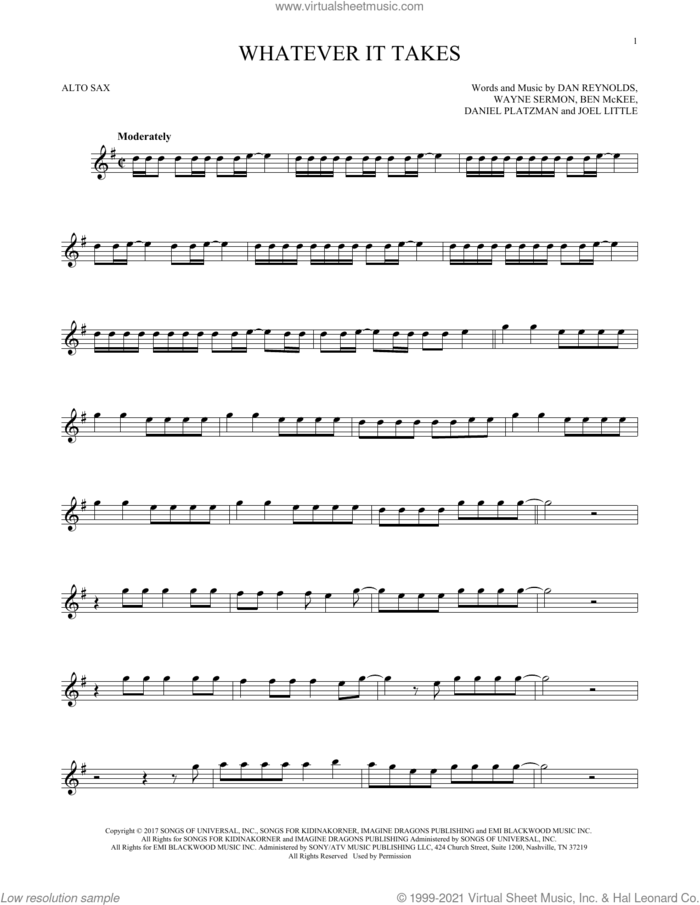 Whatever It Takes sheet music for alto saxophone solo by Imagine Dragons, Ben McKee, Dan Reynolds, Daniel Platzman, Joel Little and Wayne Sermon, intermediate skill level