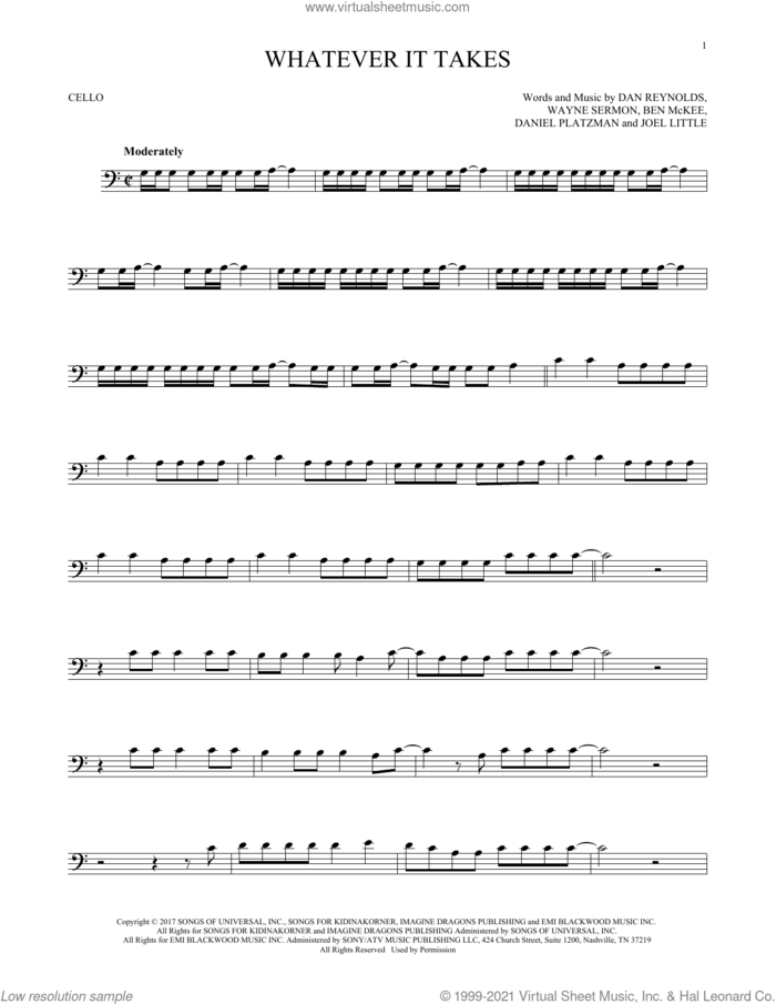 Whatever It Takes sheet music for cello solo by Imagine Dragons, Ben McKee, Dan Reynolds, Daniel Platzman, Joel Little and Wayne Sermon, intermediate skill level