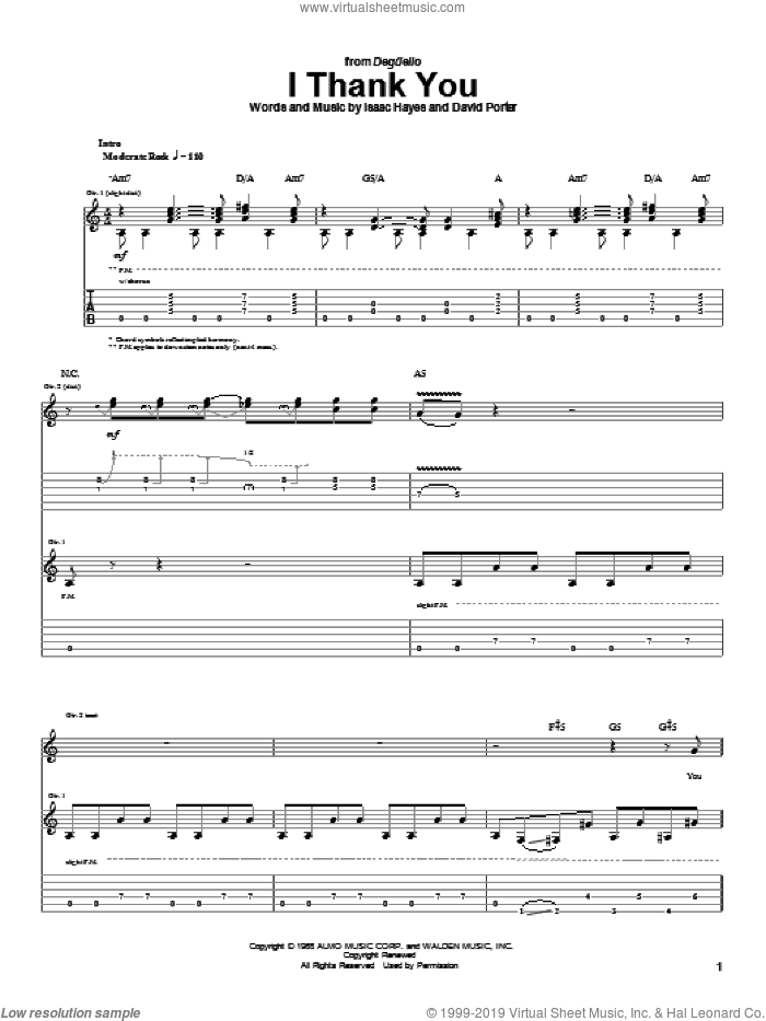 I Thank You sheet music for guitar (tablature) by ZZ Top, Sam & Dave, David Porter and Isaac Hayes, intermediate skill level
