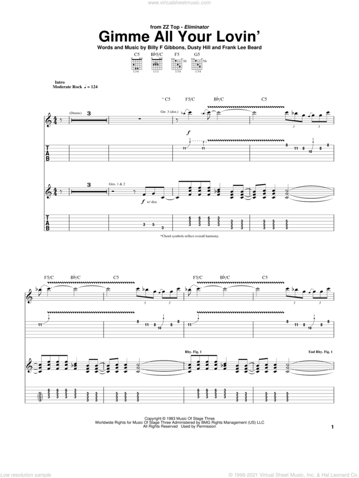 Gimme All Your Lovin' sheet music for guitar (tablature) by ZZ Top, Billy Gibbons, Dusty Hill and Frank Beard, intermediate skill level