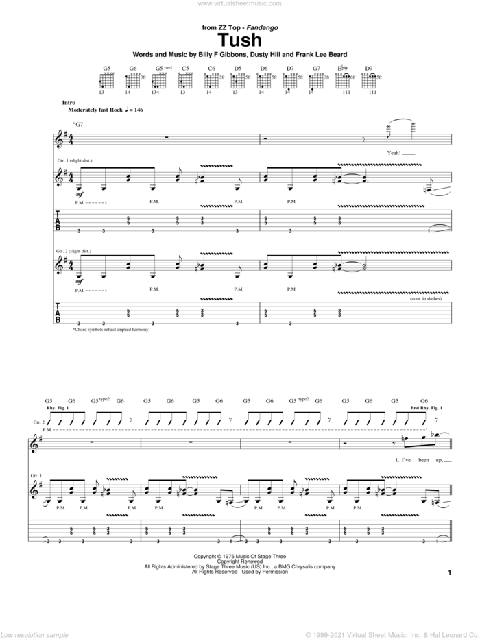 Tush sheet music for guitar (tablature) by ZZ Top, Billy Gibbons, Dusty Hill and Frank Beard, intermediate skill level