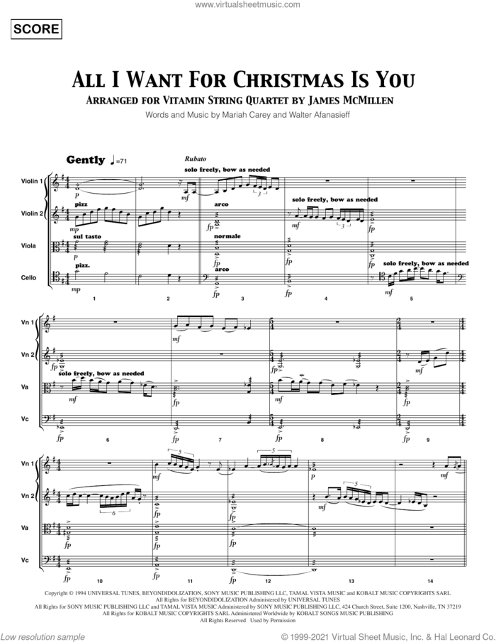 All I Want For Christmas Is You (COMPLETE) sheet music for string quartet (violin, viola, cello) by Vitamin String Quartet, James McMillen, Mariah Carey and Walter Afanasieff, intermediate skill level