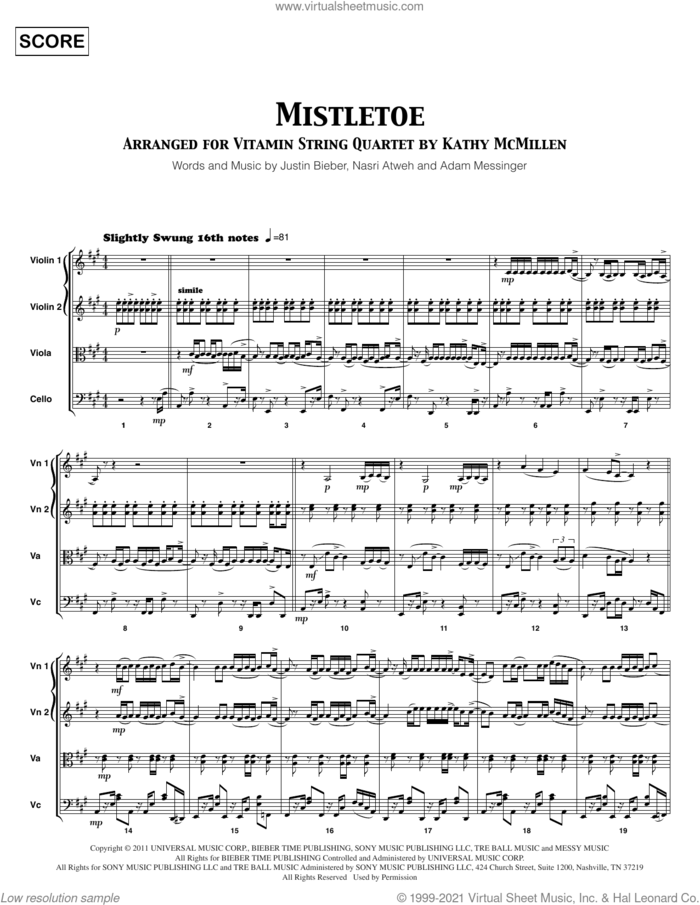 Mistletoe (COMPLETE) sheet music for string quartet (violin, viola, cello) by Vitamin String Quartet, Adam Messinger, Justin Bieber, Kathy McMillen and Nasri Atweh, intermediate skill level