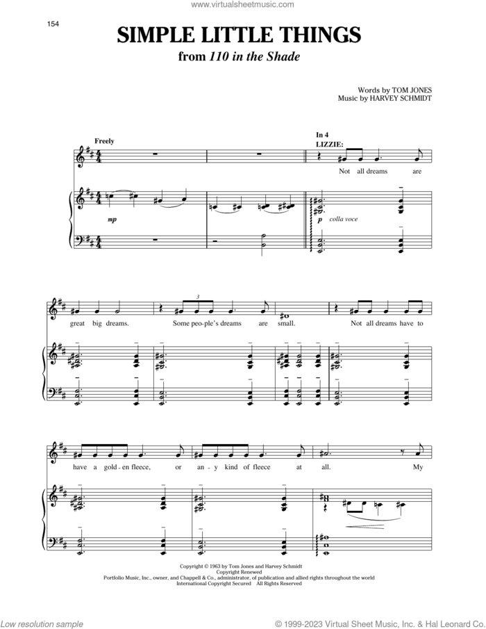 Simple Little Things (from 110 in the Shade) sheet music for voice and piano (Soprano) by Harvey Schmidt and Tom Jones, Richard Walters, Harvey Schmidt and Tom Jones, intermediate skill level