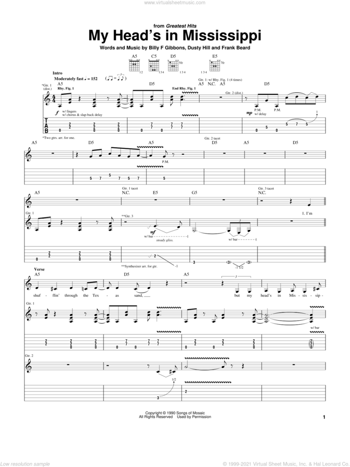 My Head's In Mississippi sheet music for guitar (tablature) by ZZ Top, Billy Gibbons, Dusty Hill and Frank Beard, intermediate skill level