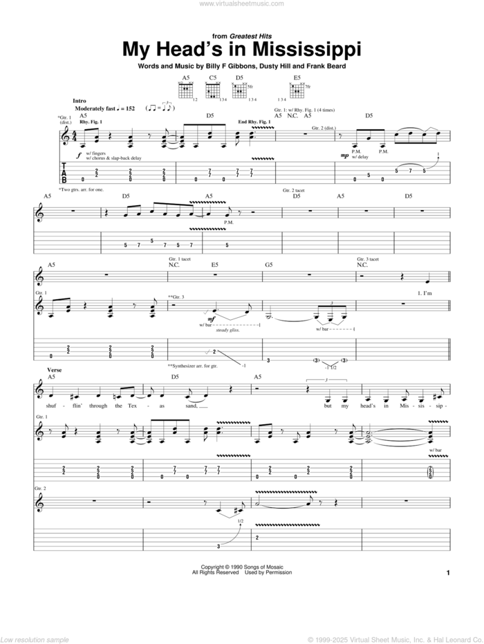 My Head's In Mississippi sheet music for guitar (tablature) by ZZ Top, Billy Gibbons, Dusty Hill and Frank Beard, intermediate skill level