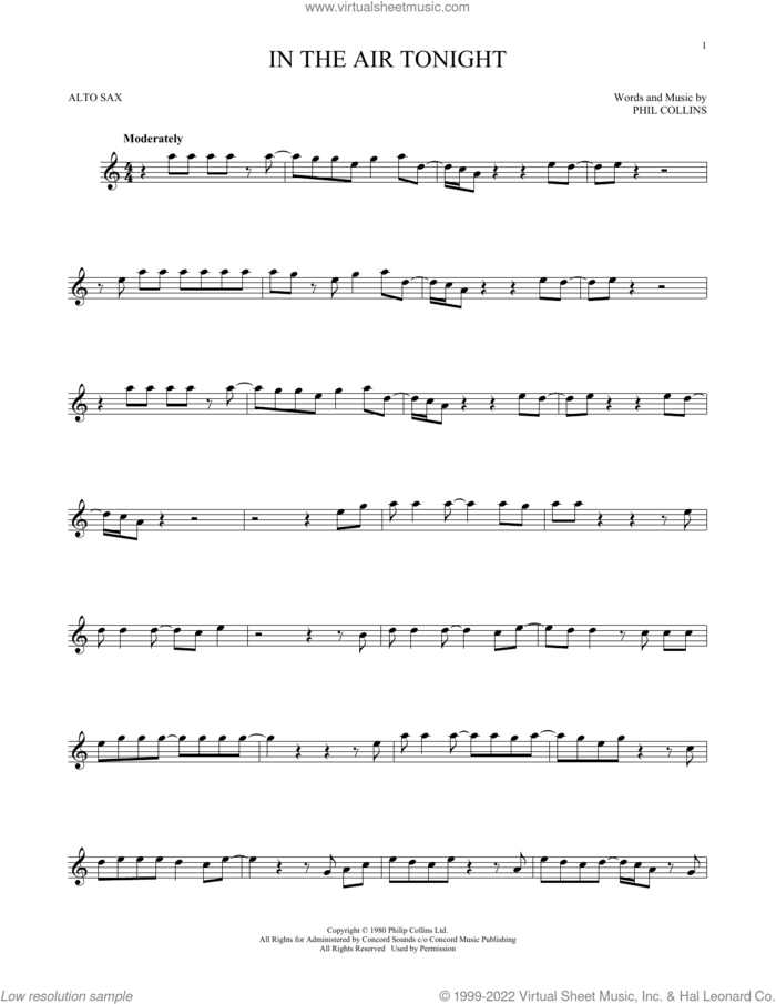 In The Air Tonight sheet music for alto saxophone solo by Phil Collins, intermediate skill level